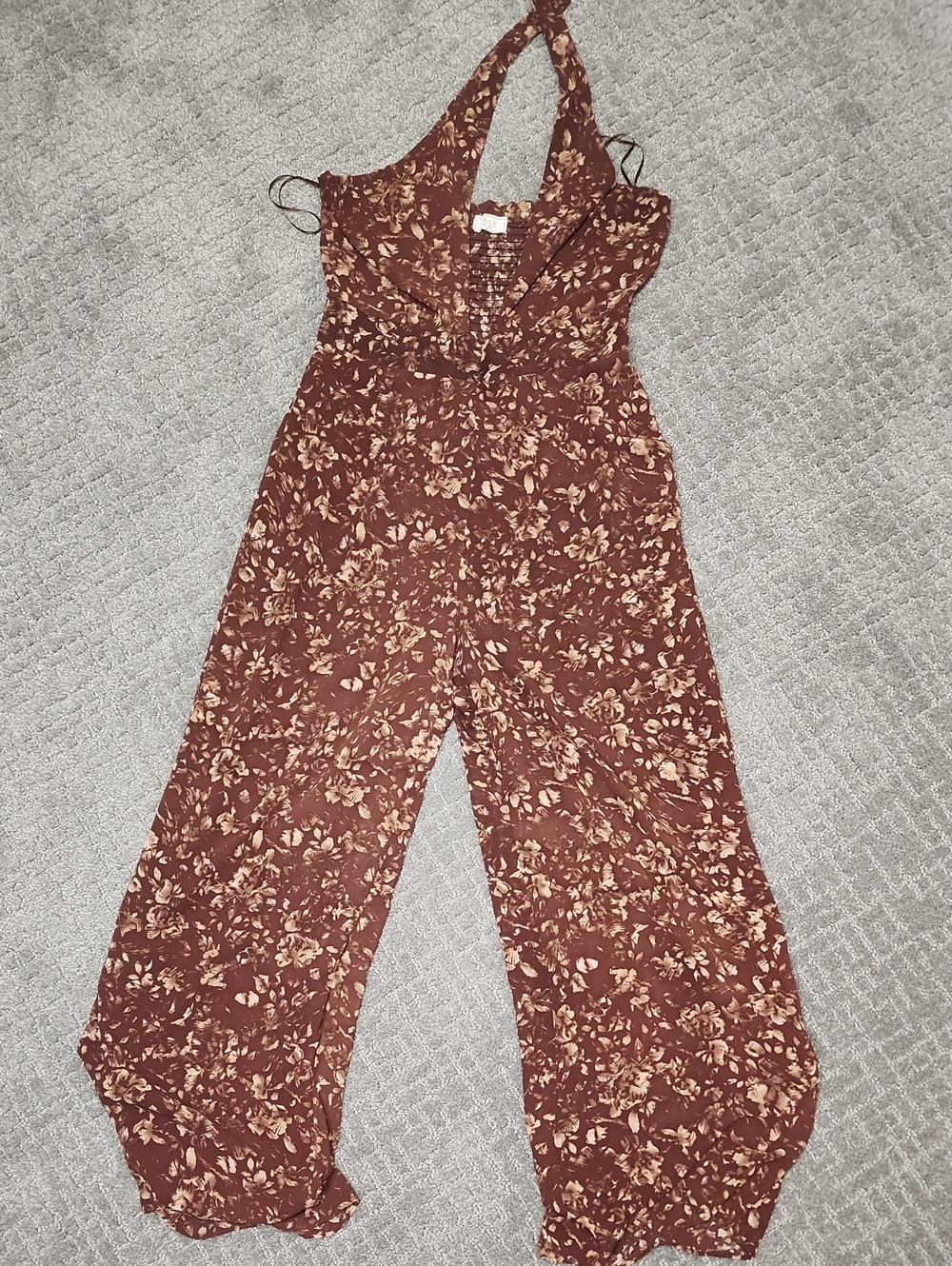 Sage Brown and Cream Floral Halter Jumpsuit
